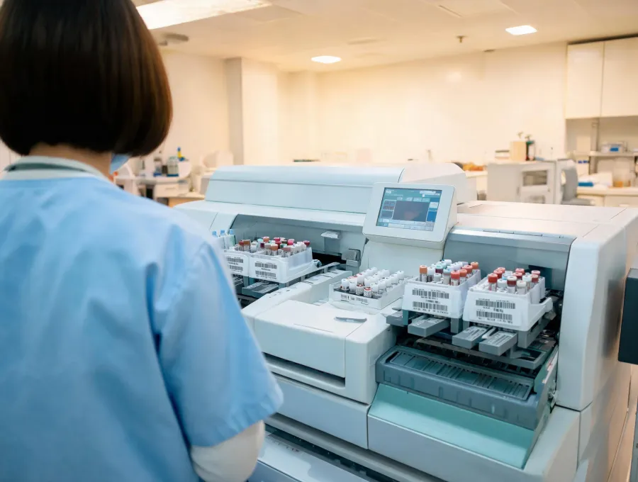 Hospital laboratory analyzer with sample racks