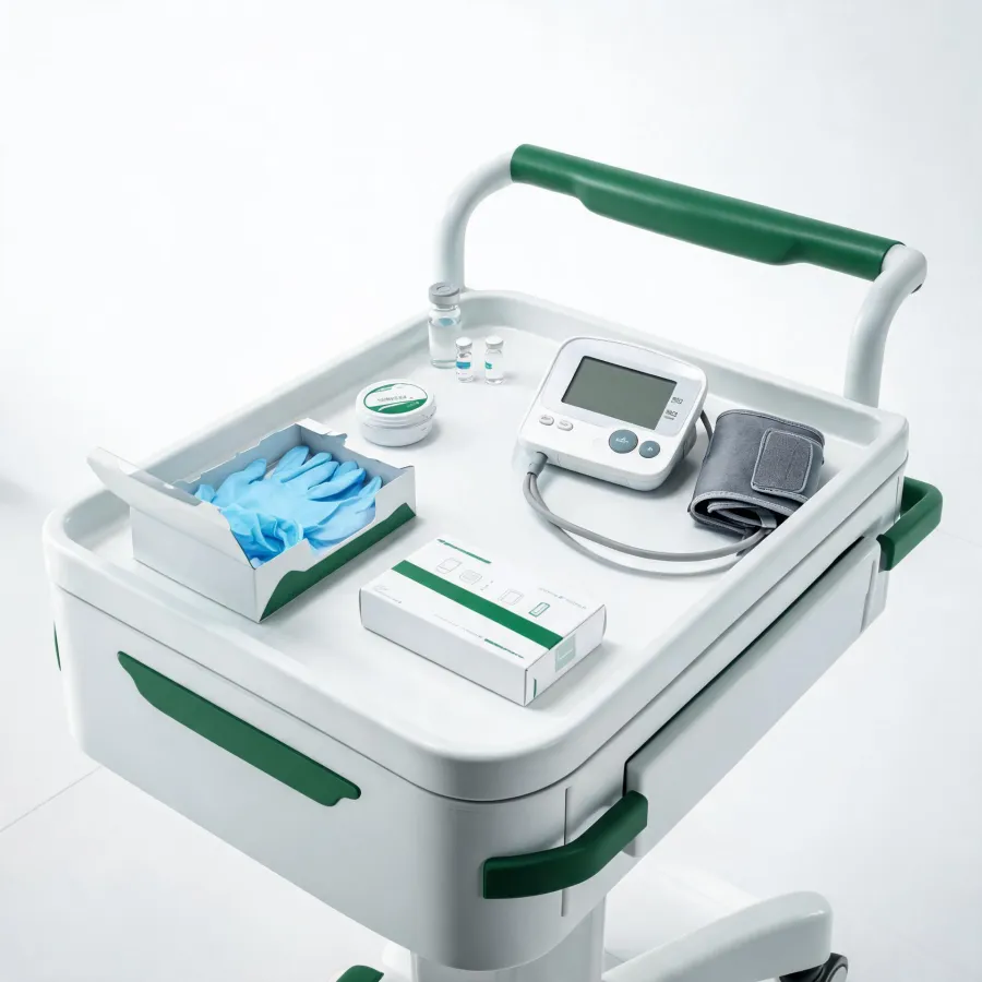 Featured Medline medical supply assortment on clinical cart