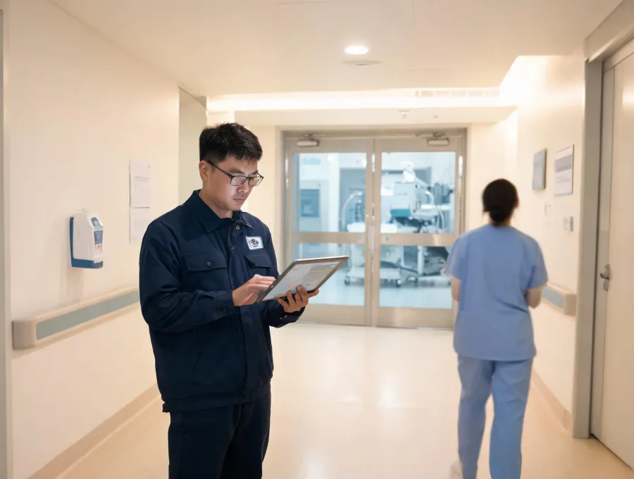 Field service engineer supporting clinical equipment during a procedure